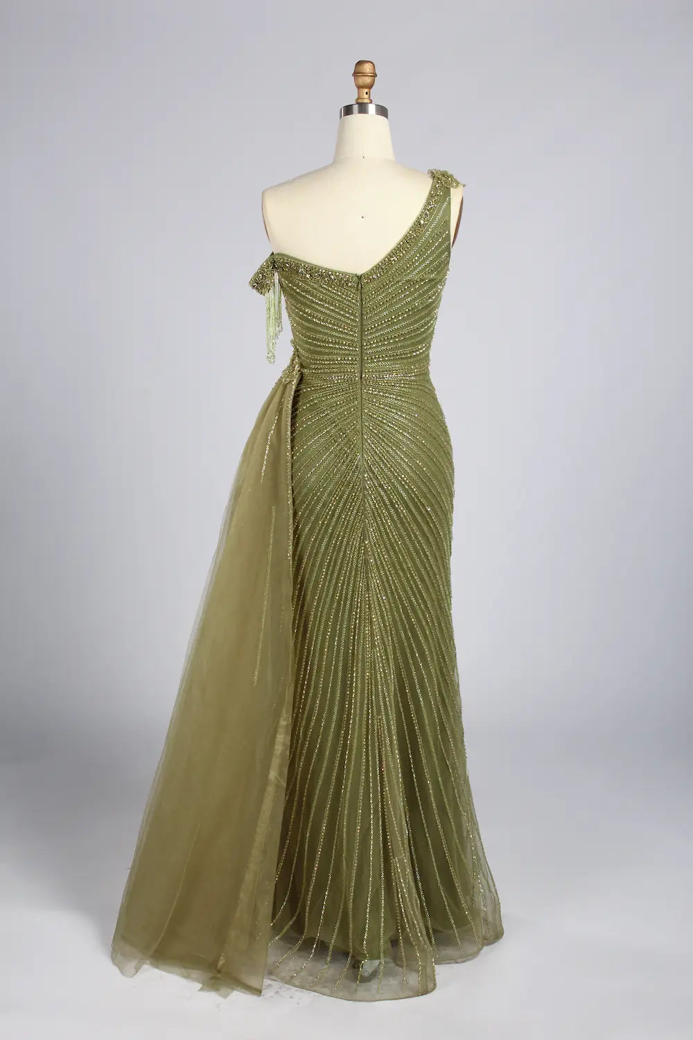 Sage Green One Shoulder Beaded Side Train Mermaid Mother of the Bride Dress MC167