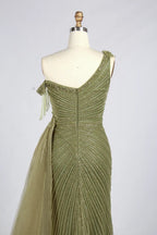 Sage Green One Shoulder Beaded Side Train Mermaid Mother of the Bride Dress MC167