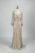 Taupe Embellished Fit-and-Flare Mother of the Bride Dress with Long Sleeves MC084