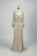 Taupe Embellished Fit-and-Flare Mother of the Bride Dress with Long Sleeves MC084