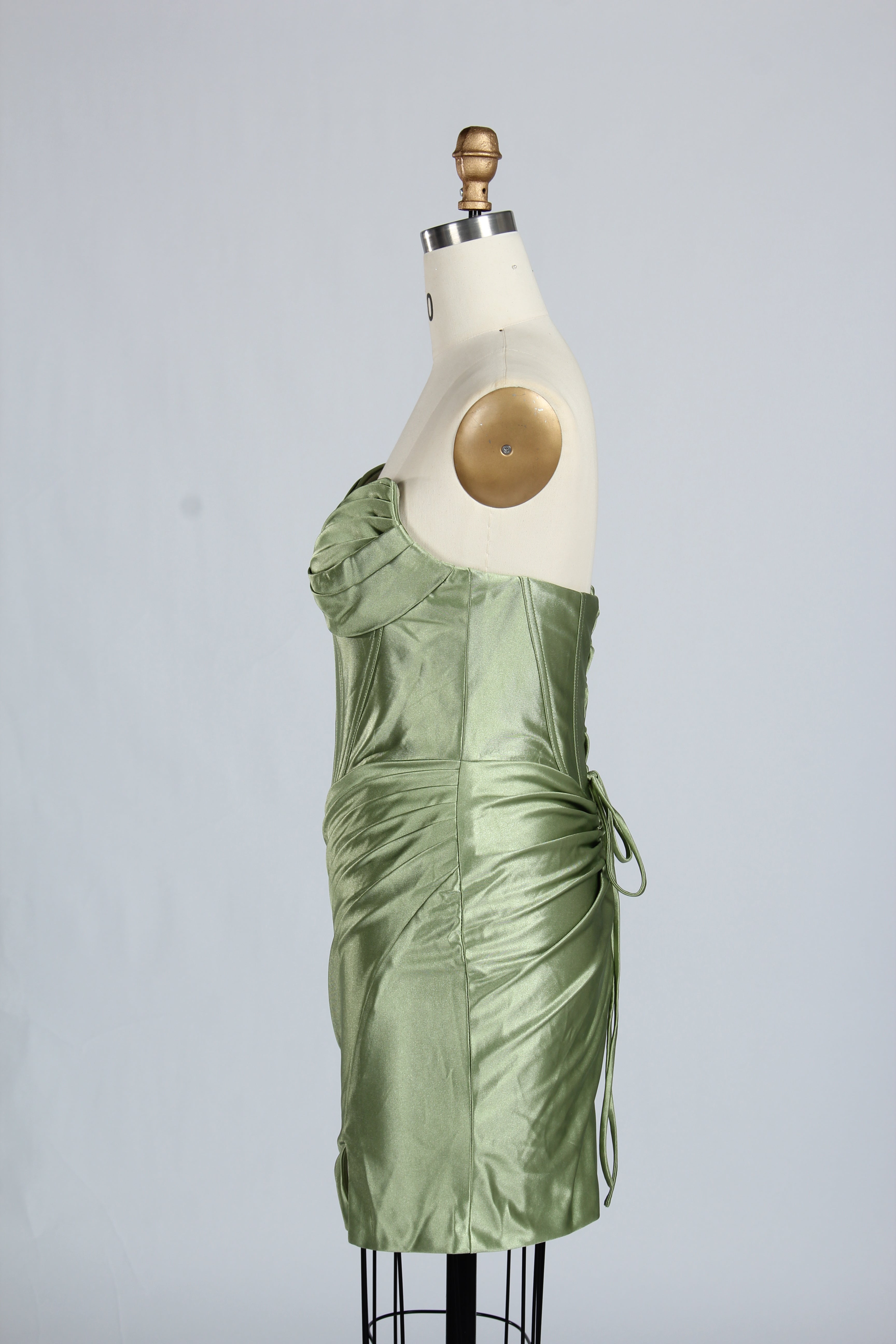 Wholesale Sage Green Satin Strapless Ruched Homecoming Dress d-138s