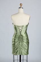 Wholesale Sage Green Satin Strapless Ruched Homecoming Dress d-138s