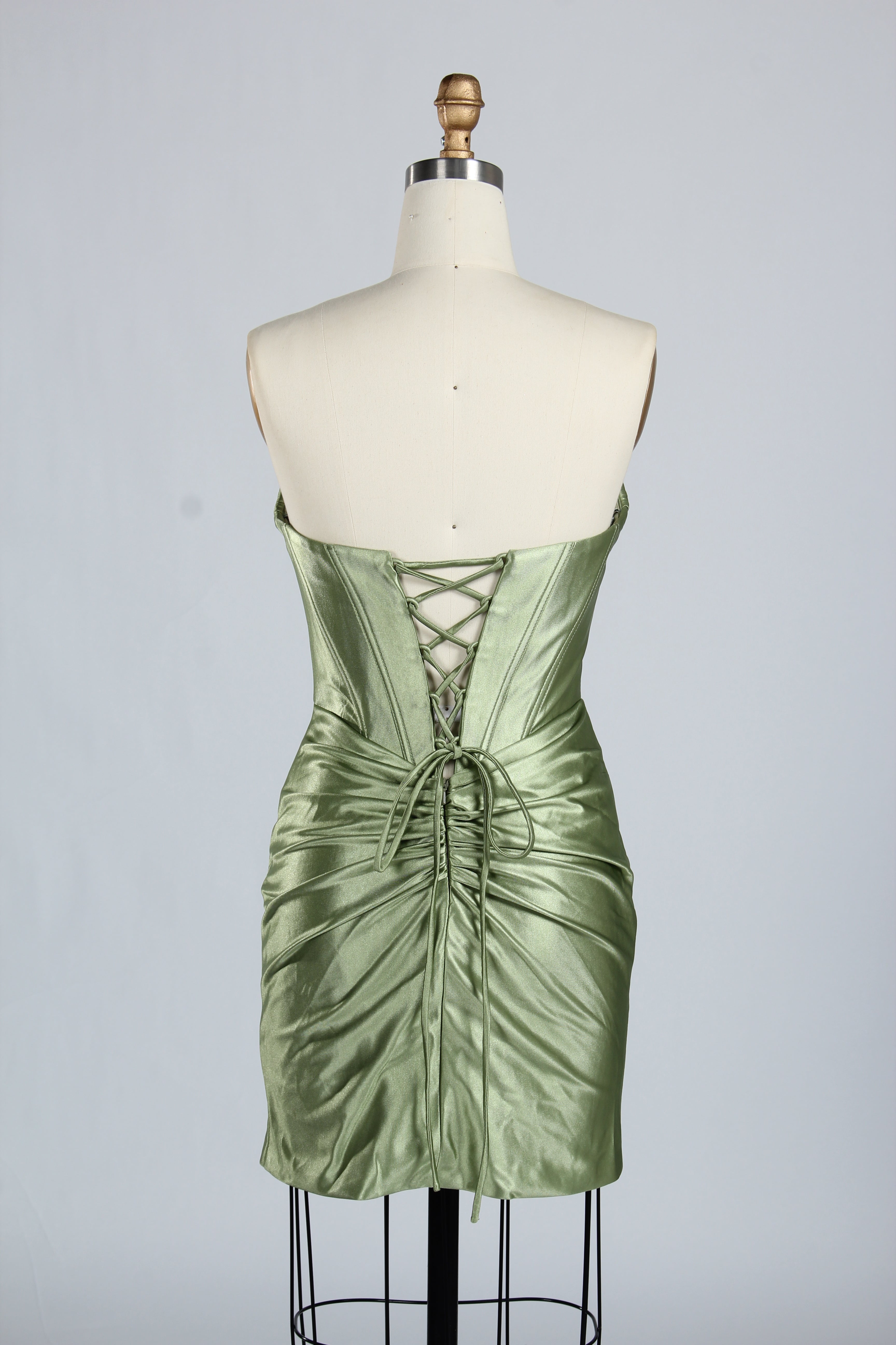 Wholesale Sage Green Satin Strapless Ruched Homecoming Dress d-138s