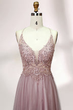 Blush pink tulle prom dress with beaded sheer bodice, V-neck, criss-cross back & flowing skirt. Elegant, dreamy design—perfect for bulk premium partywear stock.04