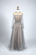 Beaded Off-Shoulder A-Line Mother of the Bride Dress with Sheer Sleeves MC048