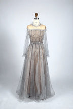 Beaded Off-Shoulder A-Line Mother of the Bride Dress with Sheer Sleeves MC048