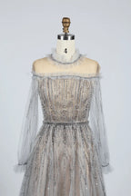 Beaded Off-Shoulder A-Line Mother of the Bride Dress with Sheer Sleeves MC048