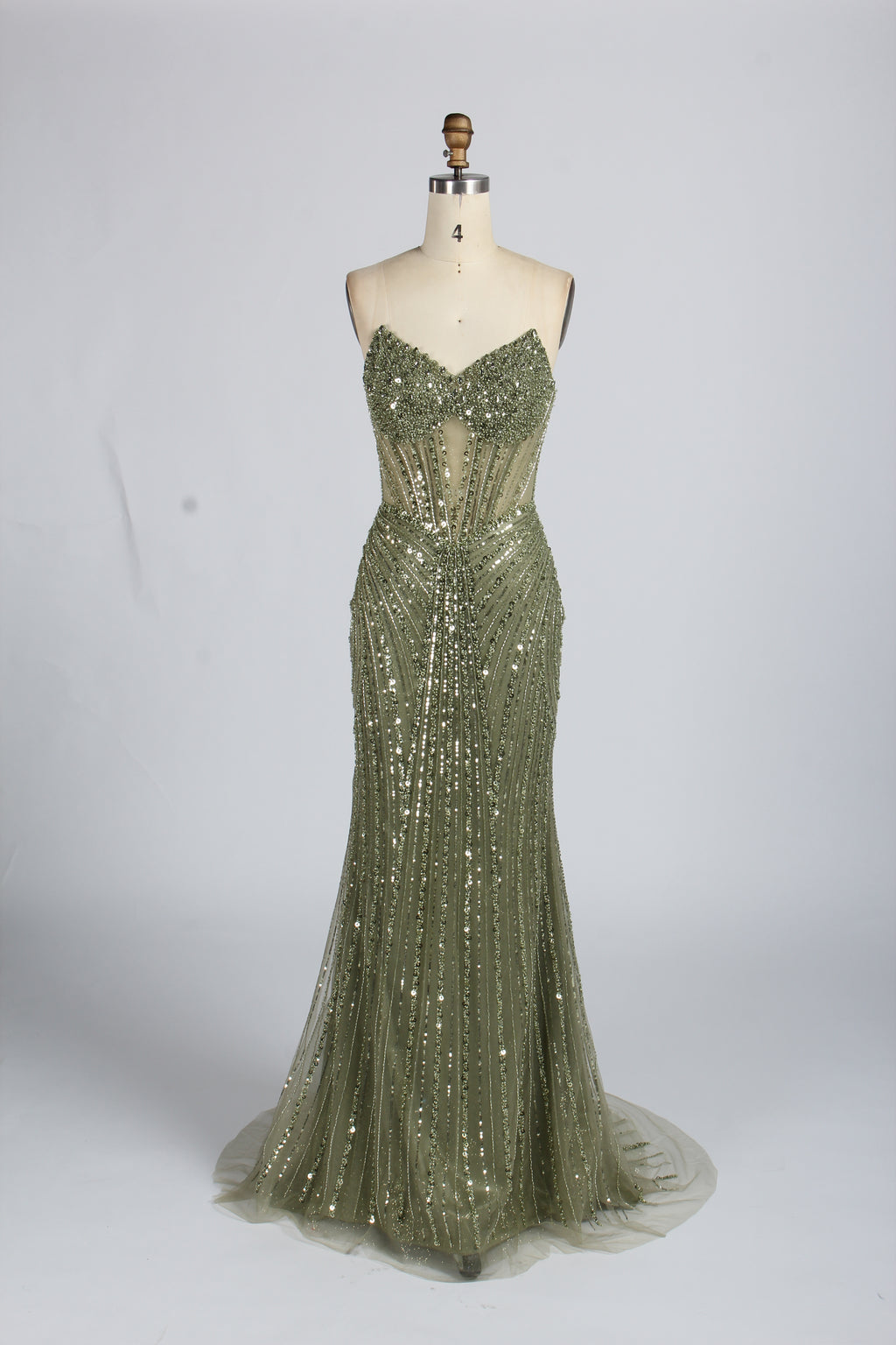 Wholesale Olive Green Sequin Spaghetti - Strap Evening Gown 33417