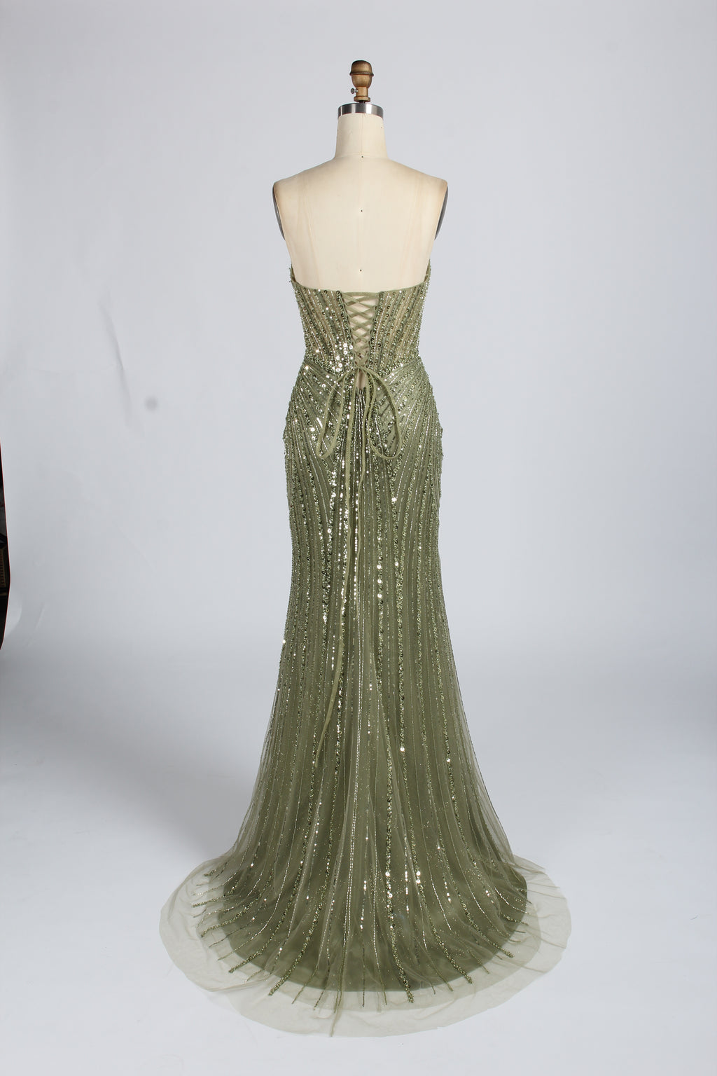 Wholesale Olive Green Sequin Spaghetti - Strap Evening Gown 33417