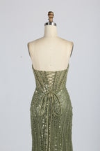 Wholesale Olive Green Sequin Spaghetti - Strap Evening Gown 33417