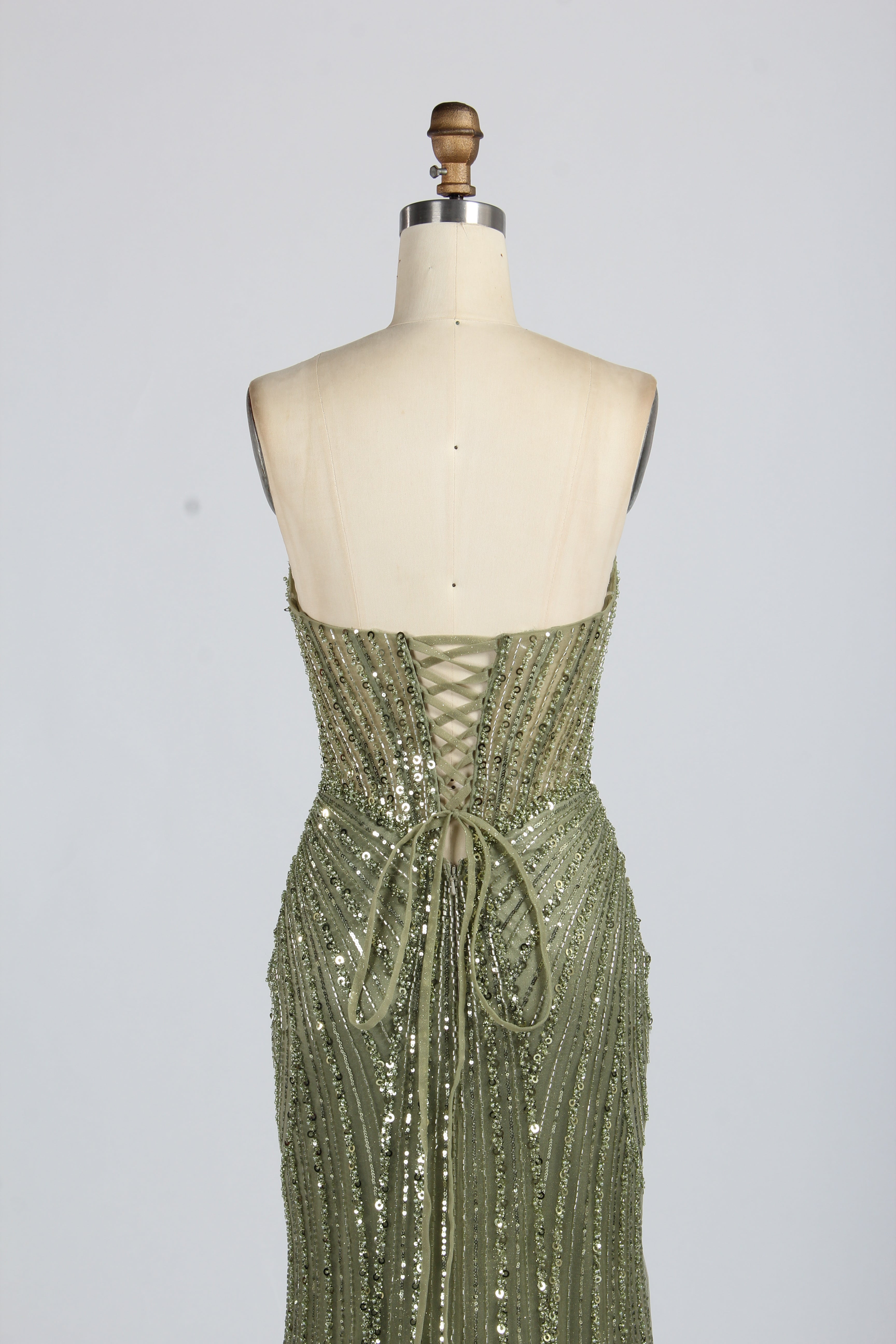 Wholesale Olive Green Sequin Spaghetti - Strap Evening Gown 33417