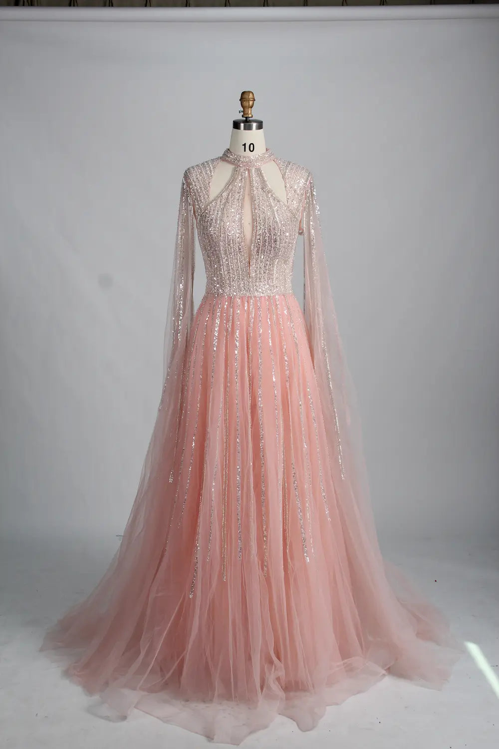 Beaded High Neck A-Line Mother of the Bride Dress with Cape Sleeves KS038