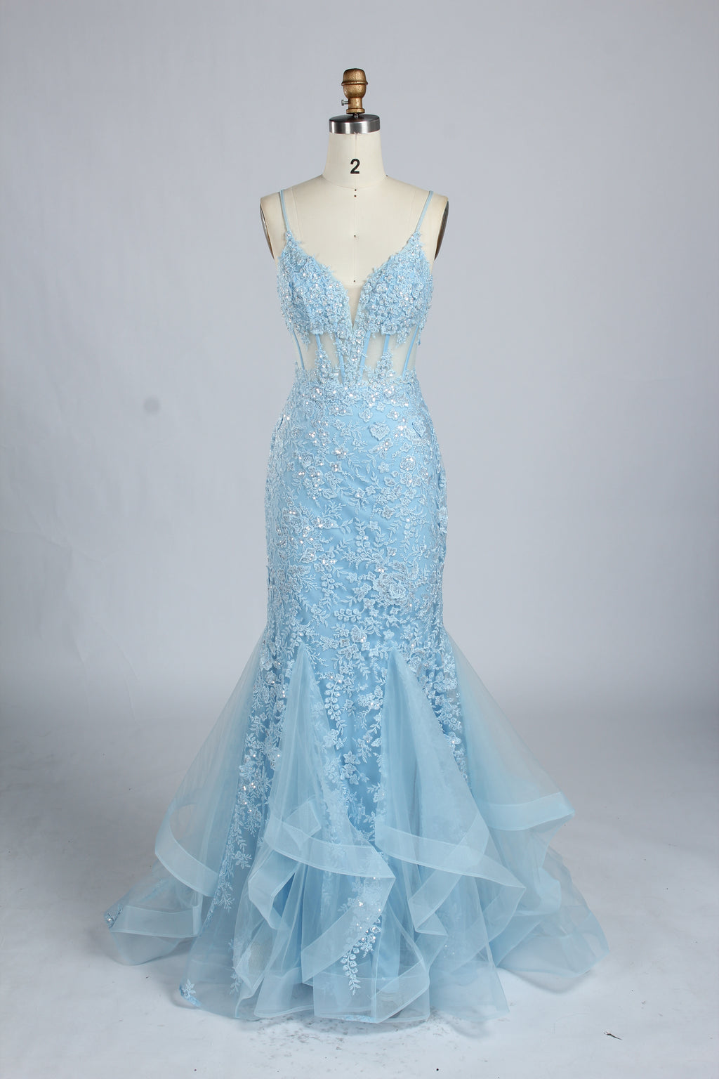 Wholesale Light Blue Embroidered Tulle Mermaid Prom Dress 33277