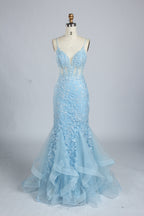 Wholesale Light Blue Embroidered Tulle Mermaid Prom Dress 33277