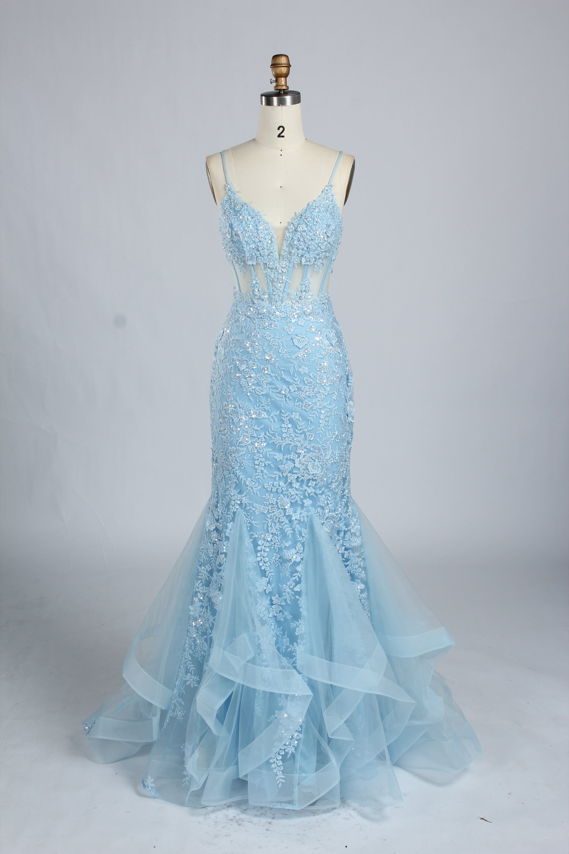 Wholesale Light Blue Embroidered Tulle Mermaid Prom Dress 33277