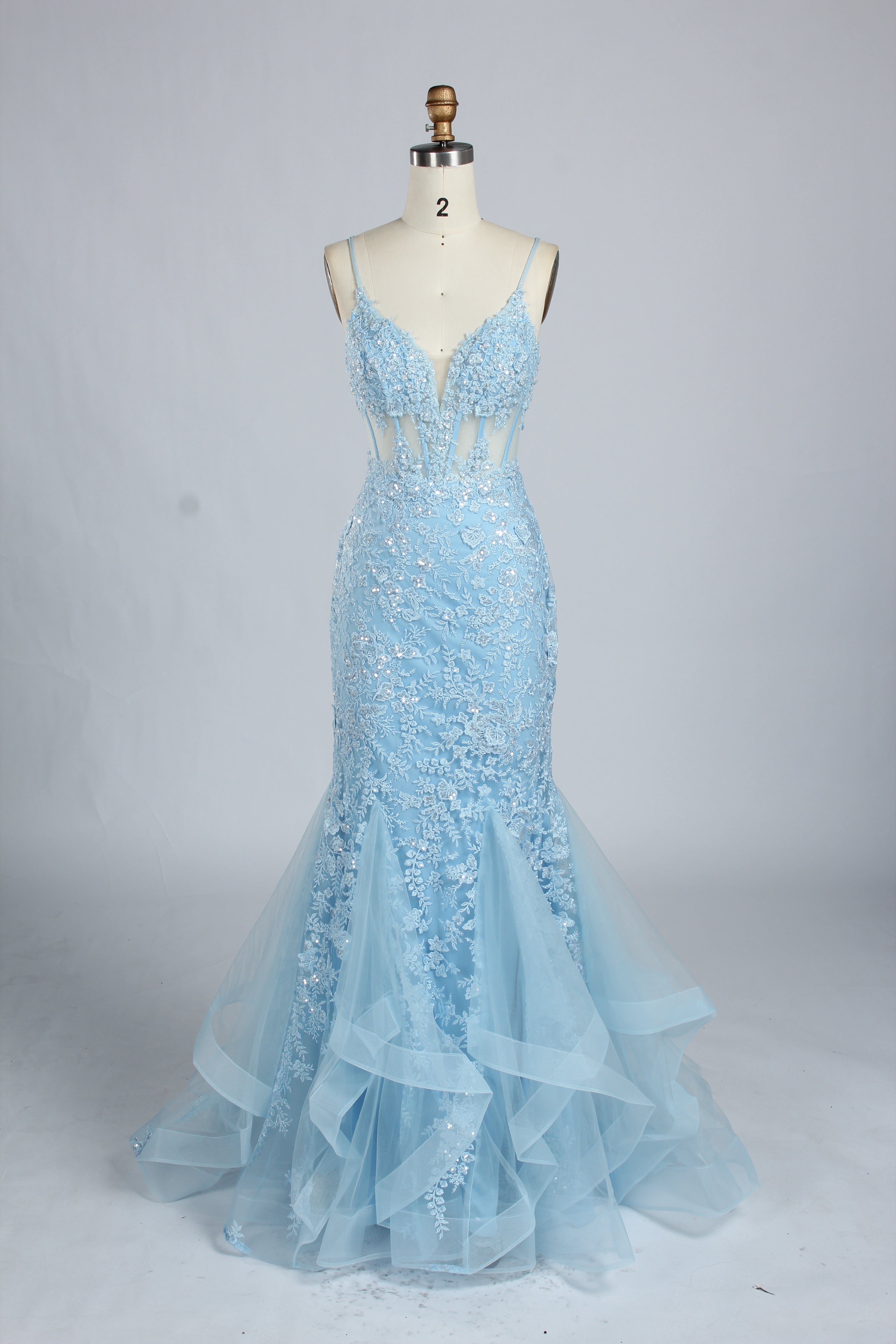 Wholesale Light Blue Embroidered Tulle Mermaid Prom Dress 33277