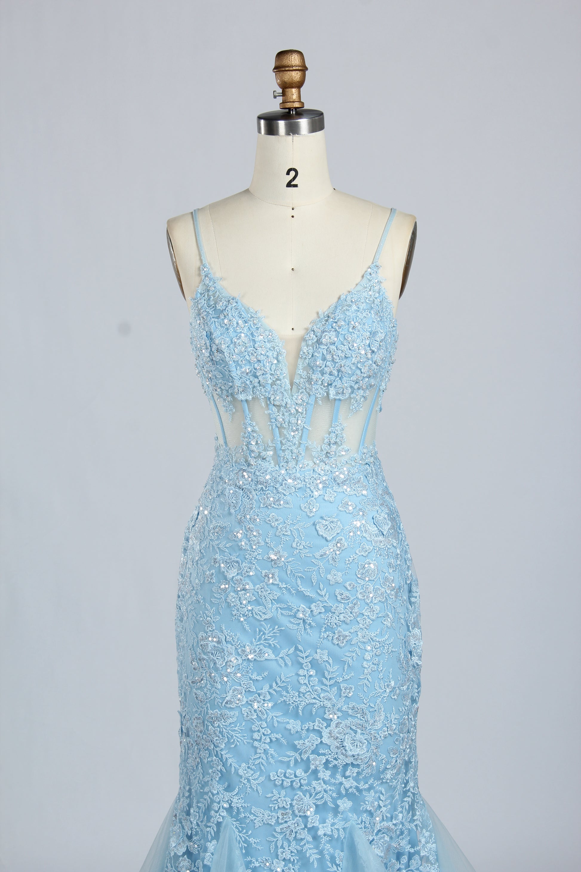 Wholesale Light Blue Embroidered Tulle Mermaid Prom Dress 33277