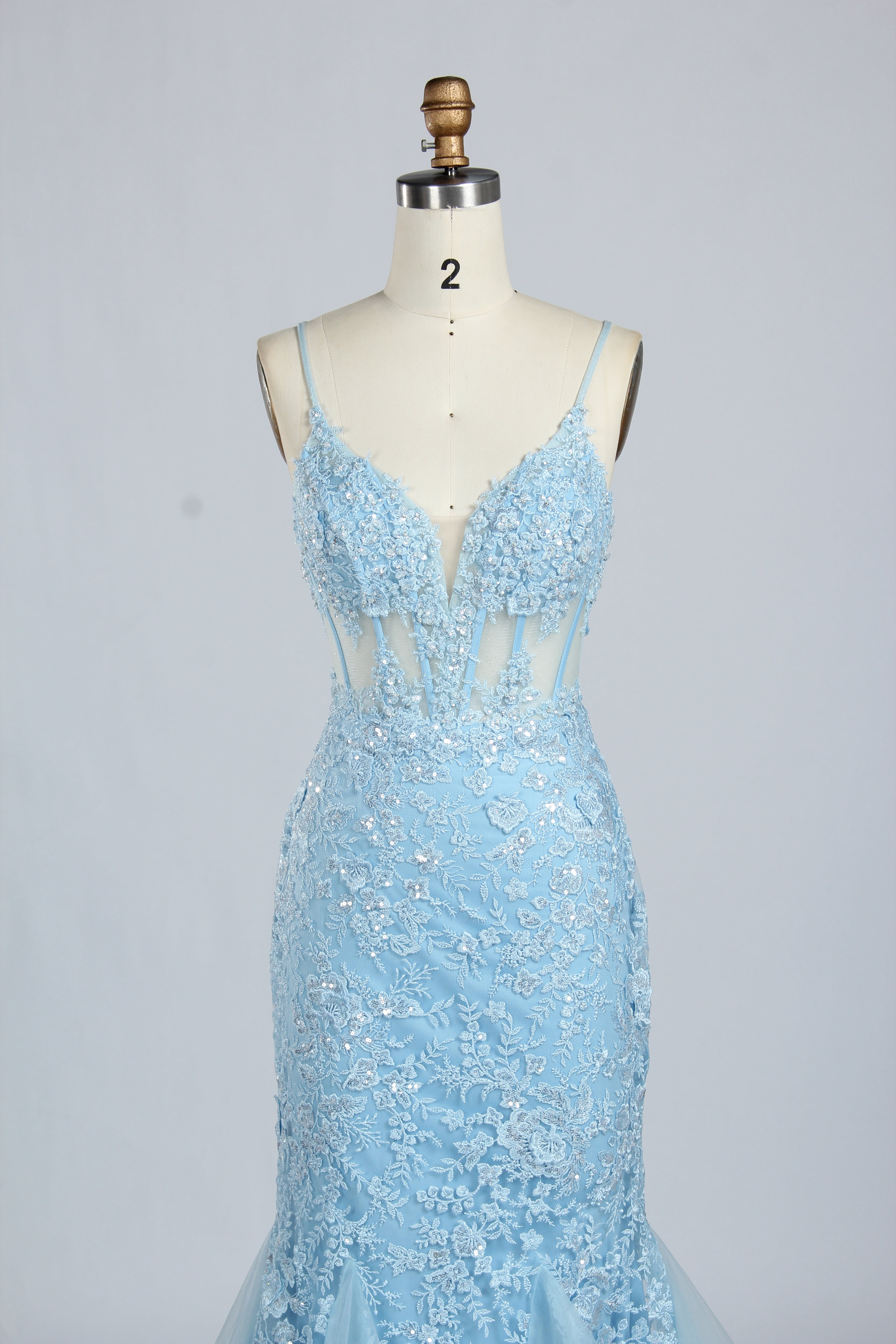 Wholesale Light Blue Embroidered Tulle Mermaid Prom Dress 33277