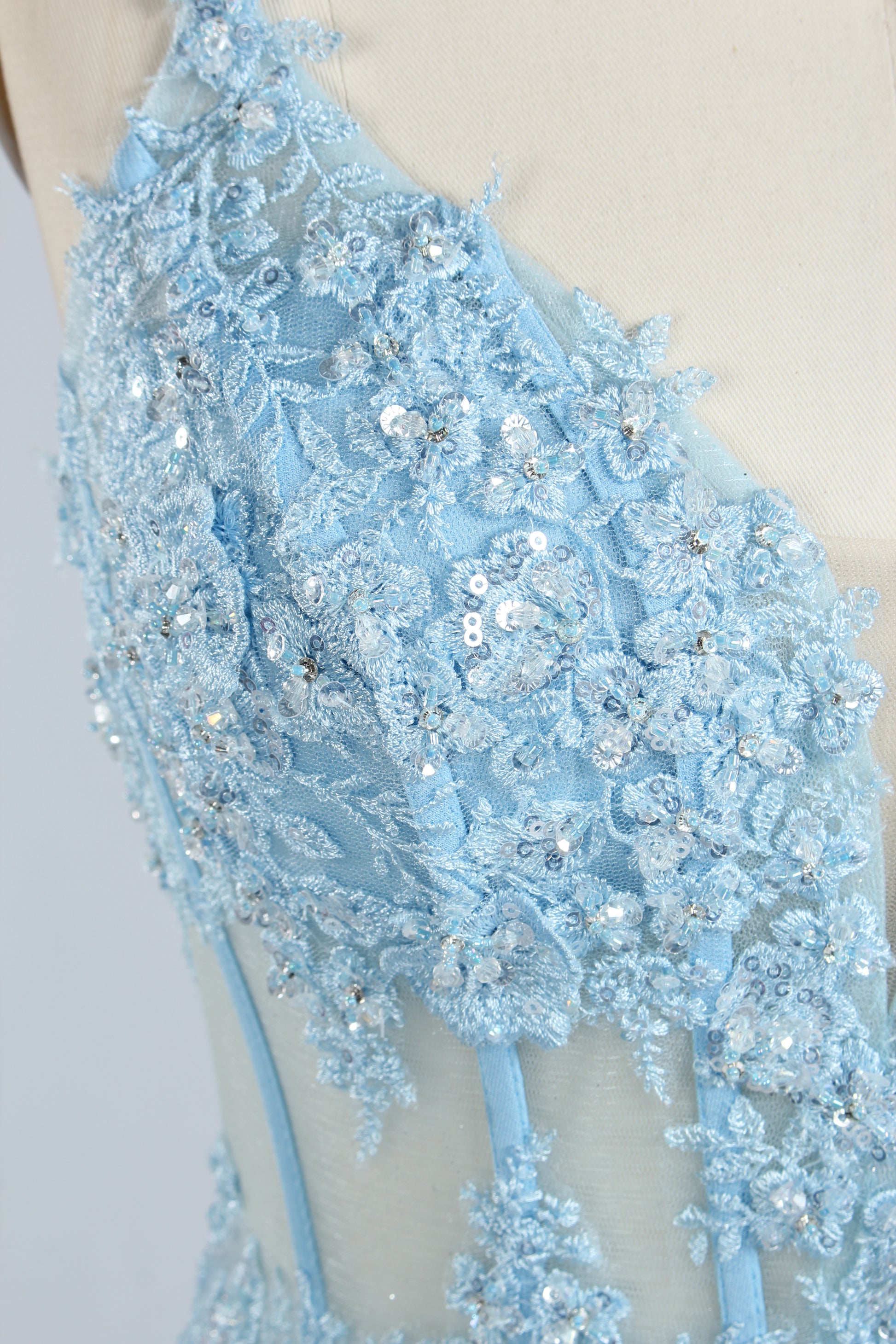 Wholesale Light Blue Embroidered Tulle Mermaid Prom Dress 33277