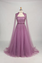 Beaded High Neck Red A-Line Mother of the Bride Dress with Cape Sleeves KS039
