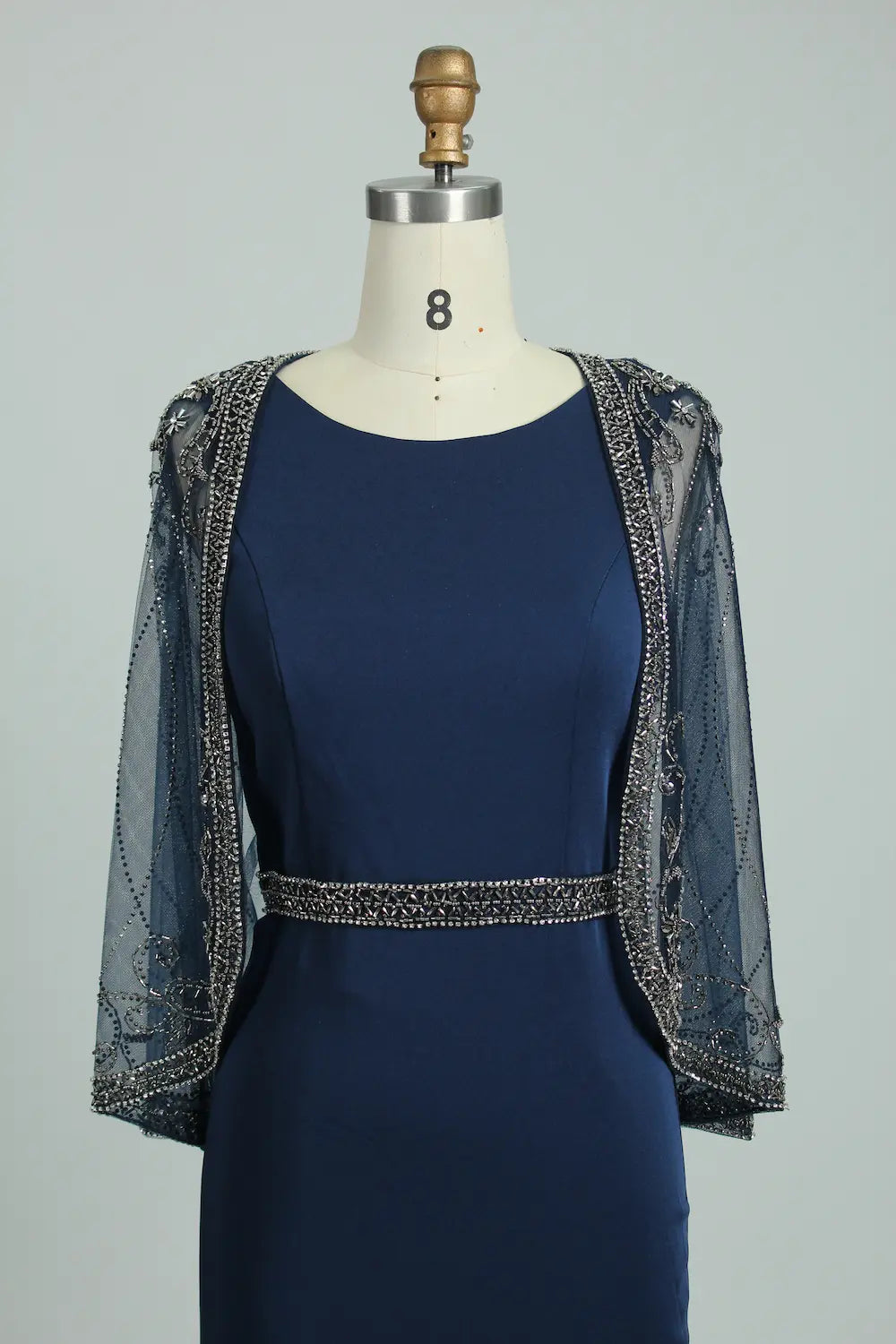 Beaded Long Sleeve Navy Blue Sheath Mother of the Bride Dress MC111