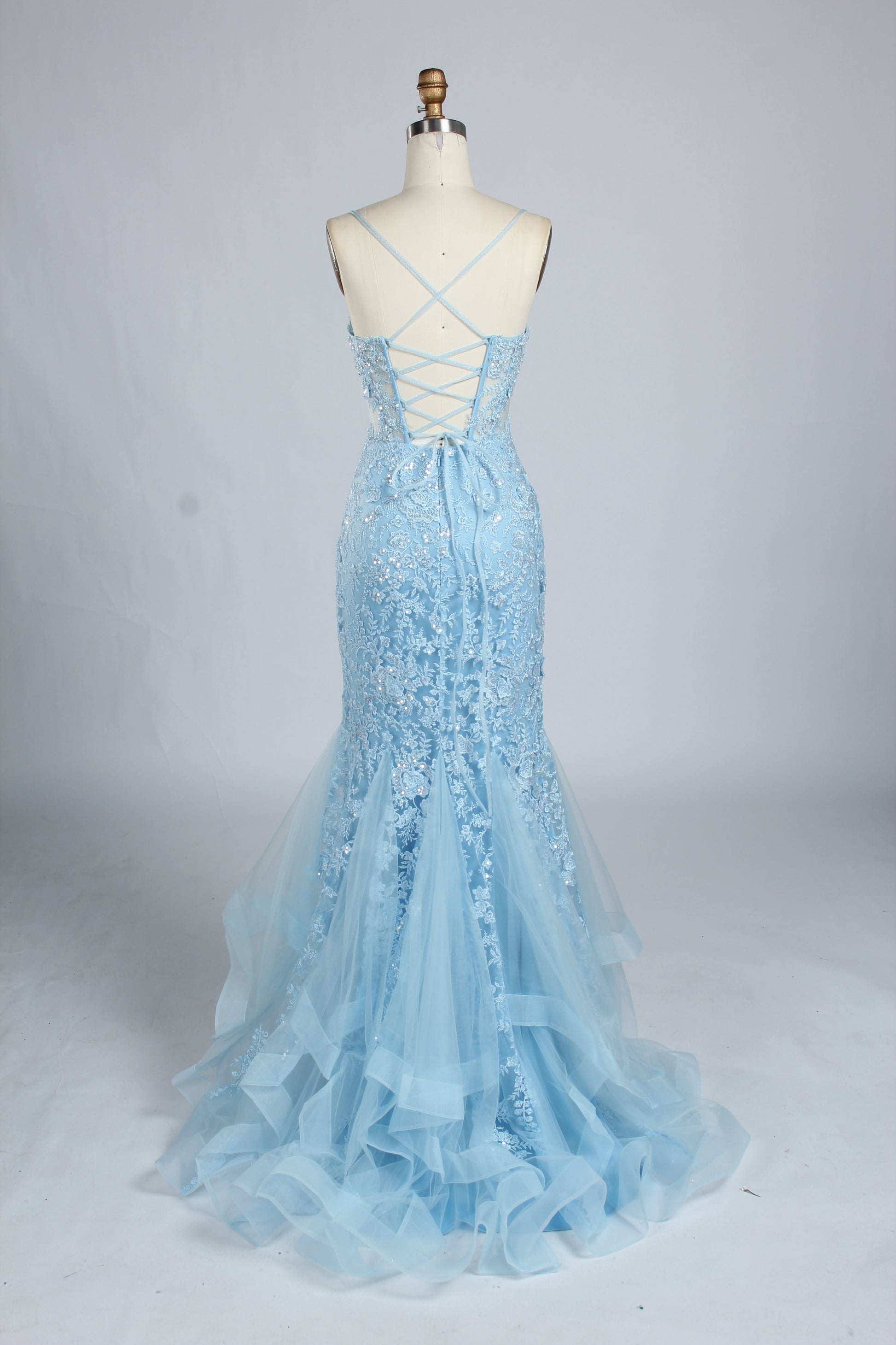Wholesale Light Blue Embroidered Tulle Mermaid Prom Dress 33277