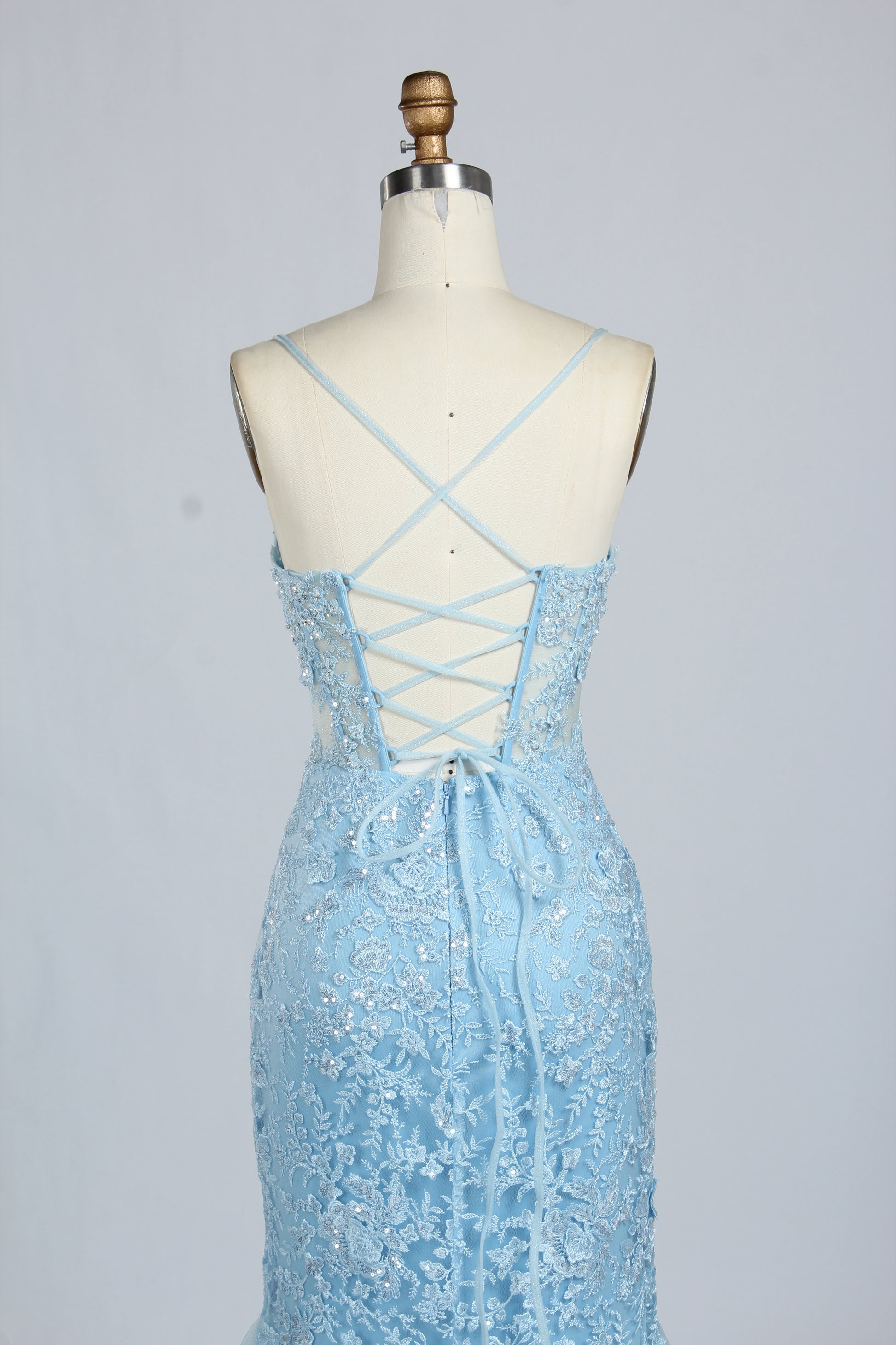 Wholesale Light Blue Embroidered Tulle Mermaid Prom Dress 33277