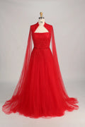 Beaded High Neck Red A-Line Mother of the Bride Dress with Cape Sleeves KS039