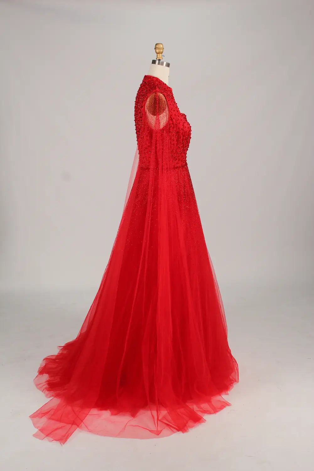 Beaded High Neck Red A-Line Mother of the Bride Dress with Cape Sleeves KS039