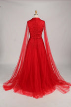 Beaded High Neck Red A-Line Mother of the Bride Dress with Cape Sleeves KS039