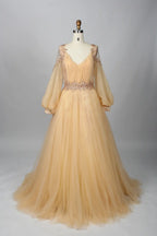 V-Neck Embellished A-Line Mother of the Bride Dress with Balloon Sleeves MK086