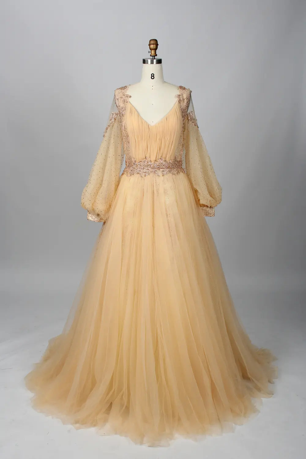 V-Neck Embellished A-Line Mother of the Bride Dress with Balloon Sleeves MK086