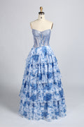 Blue floral strapless corset bodice tiered prom dress with layered ruffle skirt