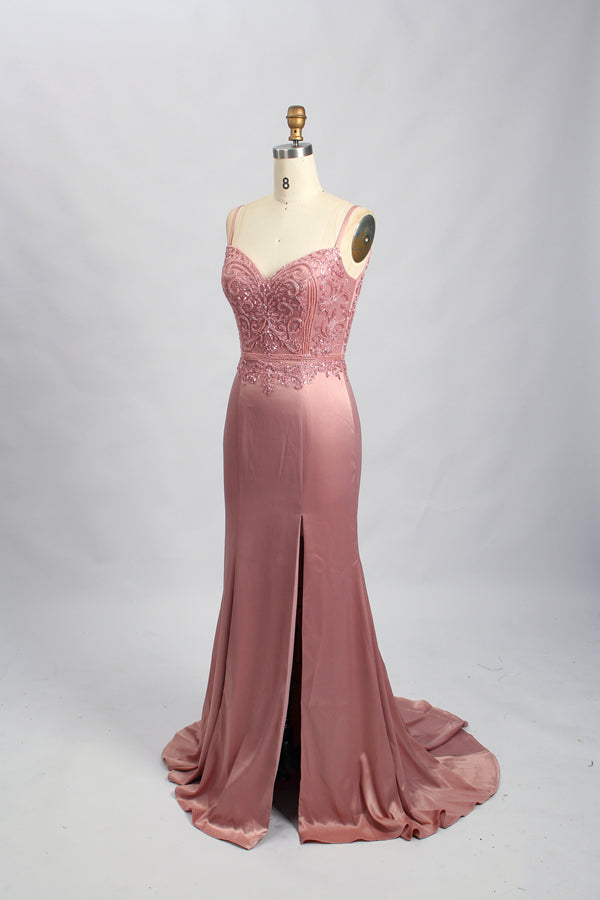 Wholesale Blush Pink Satin Prom Dress - Lace - Embellished Mermaid Gown 32701