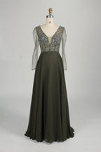 V-Neck Beaded Long Sleeves A-Line Chiffon Mother of the Bride Dress KS055
