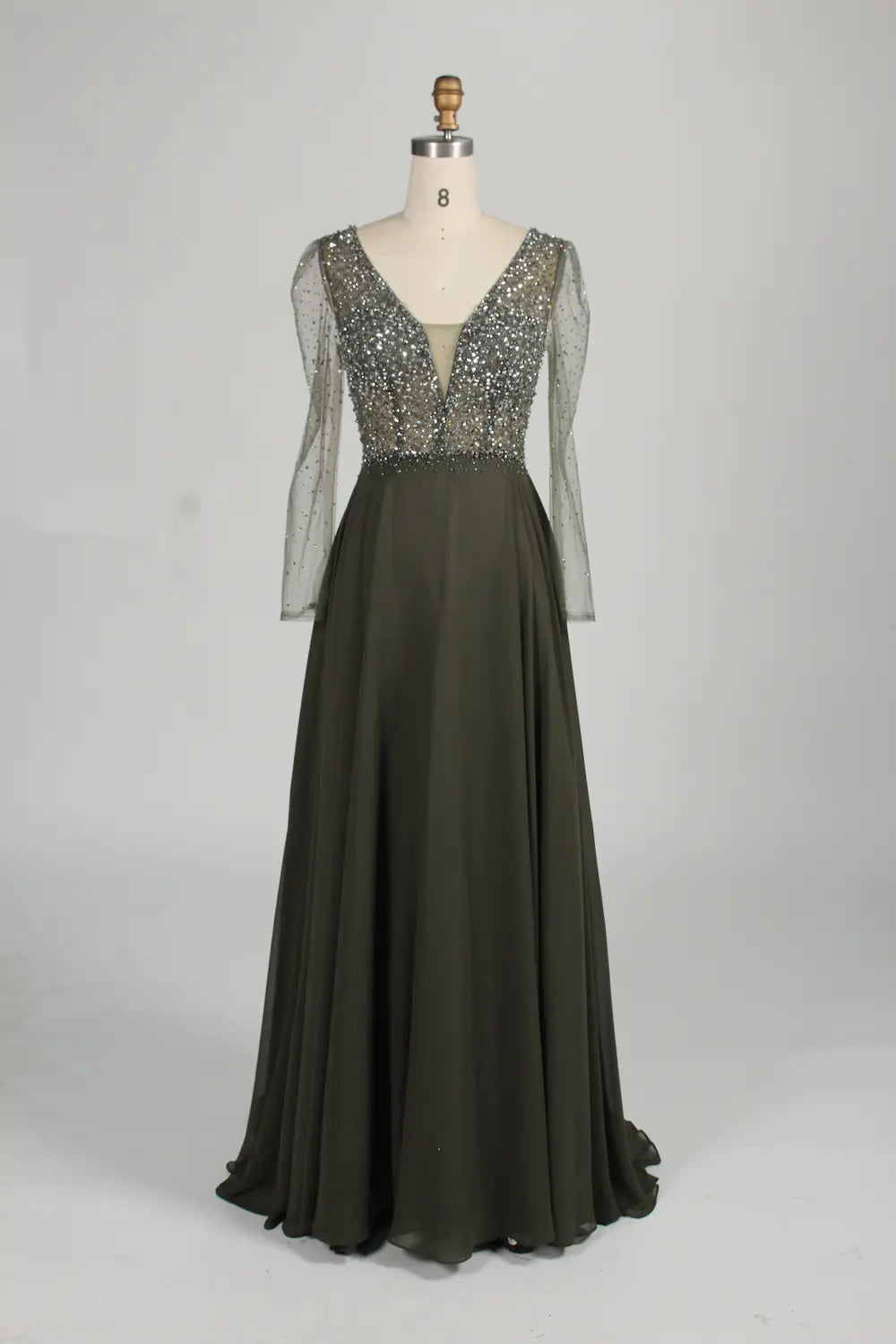 V-Neck Beaded Long Sleeves A-Line Chiffon Mother of the Bride Dress KS055