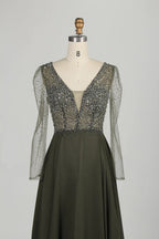 V-Neck Beaded Long Sleeves A-Line Chiffon Mother of the Bride Dress KS055