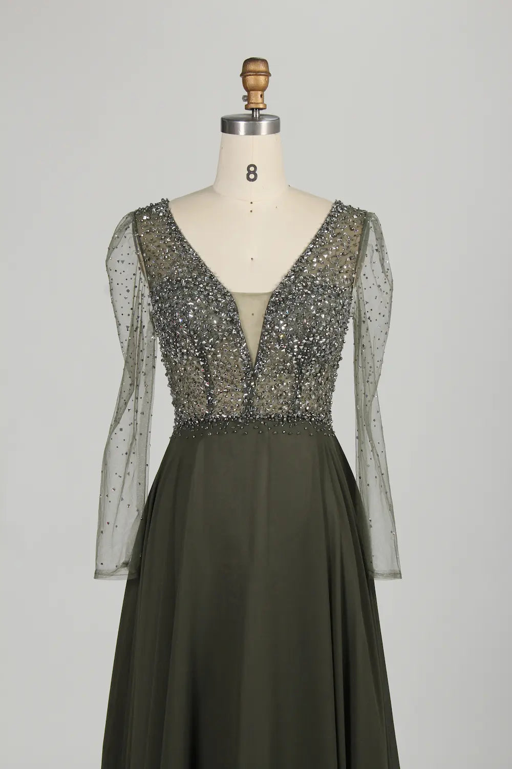 V-Neck Beaded Long Sleeves A-Line Chiffon Mother of the Bride Dress KS055