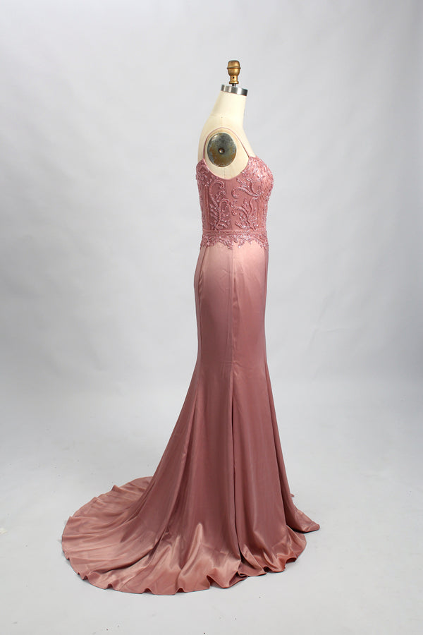 Wholesale Blush Pink Satin Prom Dress - Lace - Embellished Mermaid Gown 32701