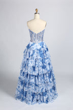 Blue floral strapless corset prom dress with tiered A-line skirt