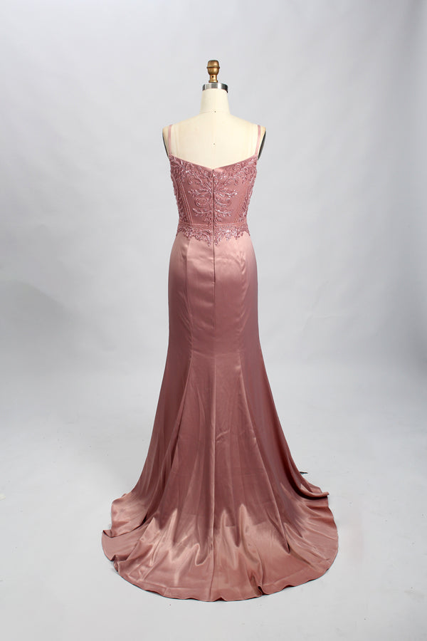 Wholesale Blush Pink Satin Prom Dress - Lace - Embellished Mermaid Gown 32701