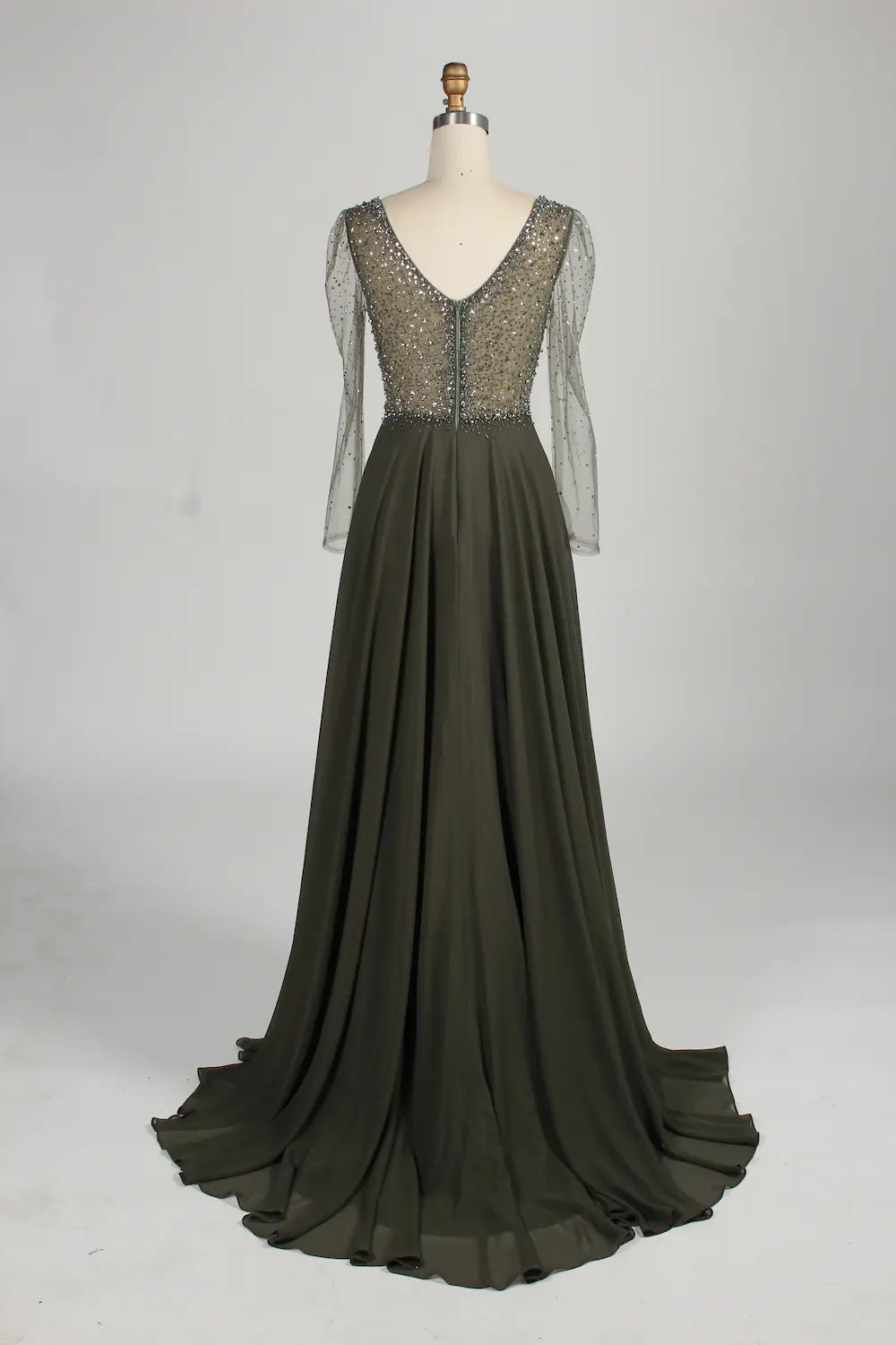V-Neck Beaded Long Sleeves A-Line Chiffon Mother of the Bride Dress KS055
