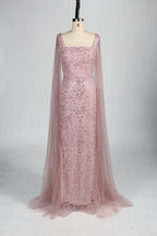 Beaded Mermaid Mother of the Bride Dress with Long Sheer Cape Sleeves KY046