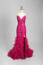 Illuminated softly, a woman captivates in a pink - purple evening gown. With sequin and feather details, a mermaid silhouette, and a high slit, it creates a glamorous and alluring look for formal events.10