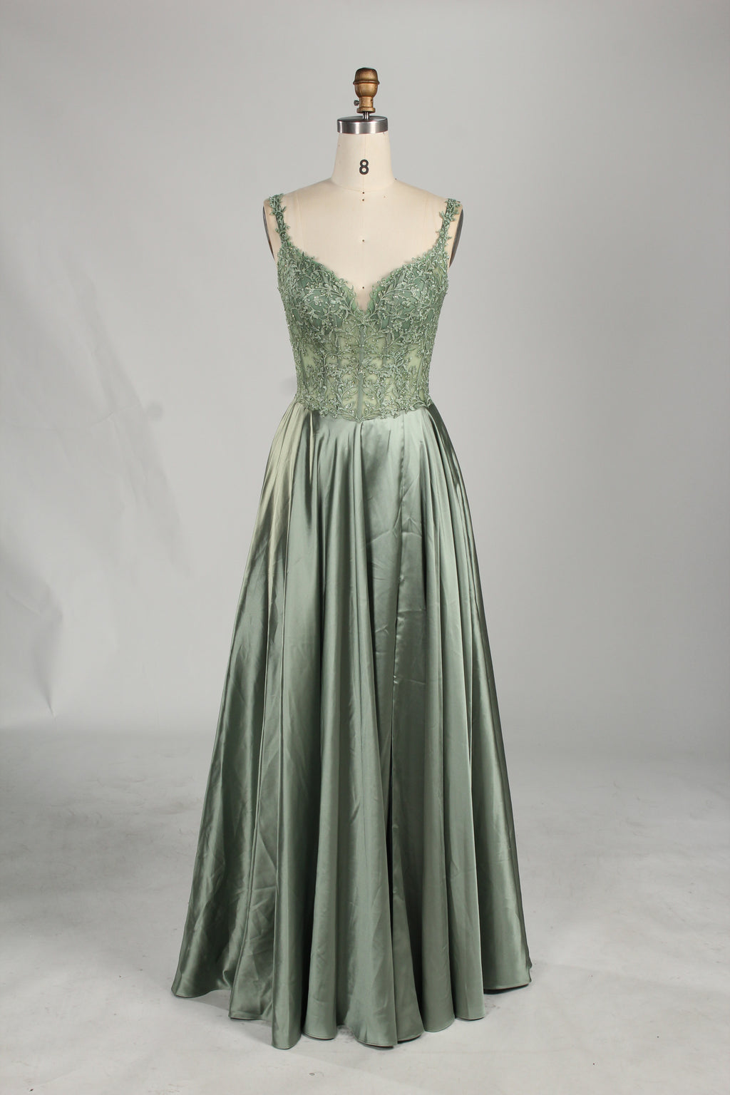 Wholesale Sage Green Lace Prom Dress with Satin Skirt and Slit 32896