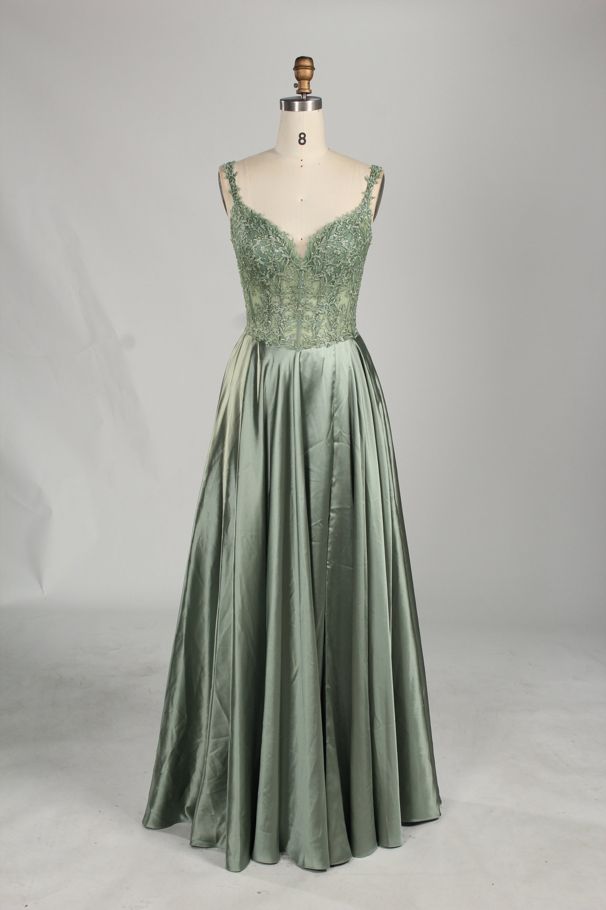 Wholesale Sage Green Lace Prom Dress with Satin Skirt and Slit 32896