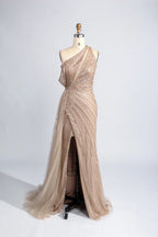 Beige one-shoulder sequin mesh mermaid overskirt with thigh-high slit