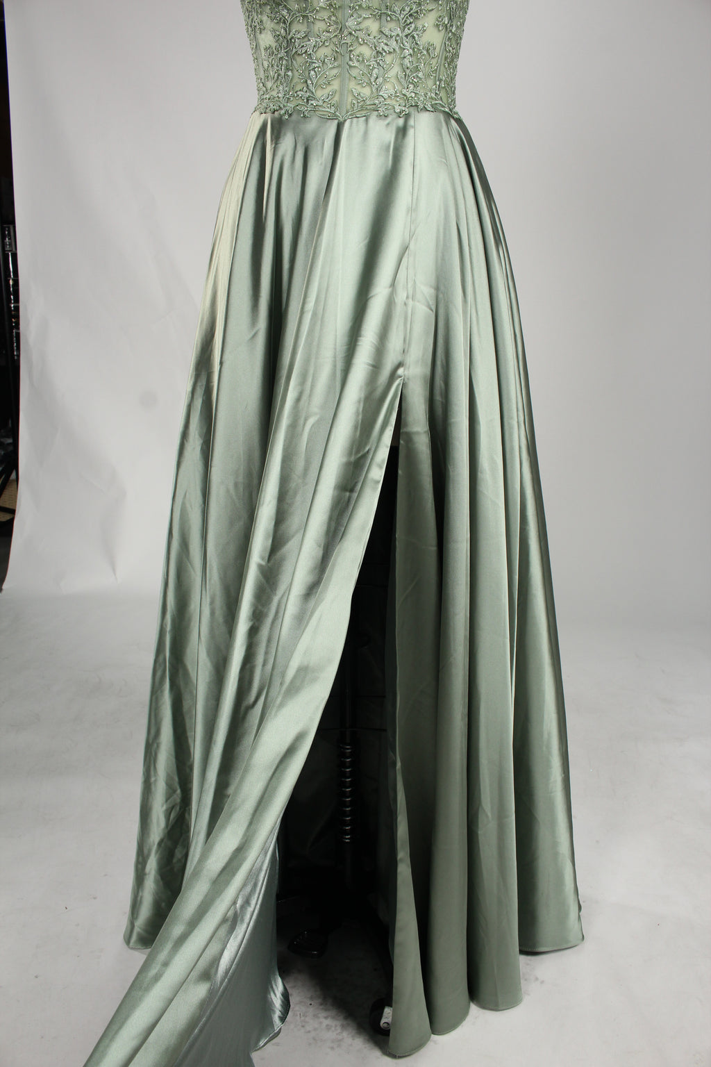 Wholesale Sage Green Lace Prom Dress with Satin Skirt and Slit 32896