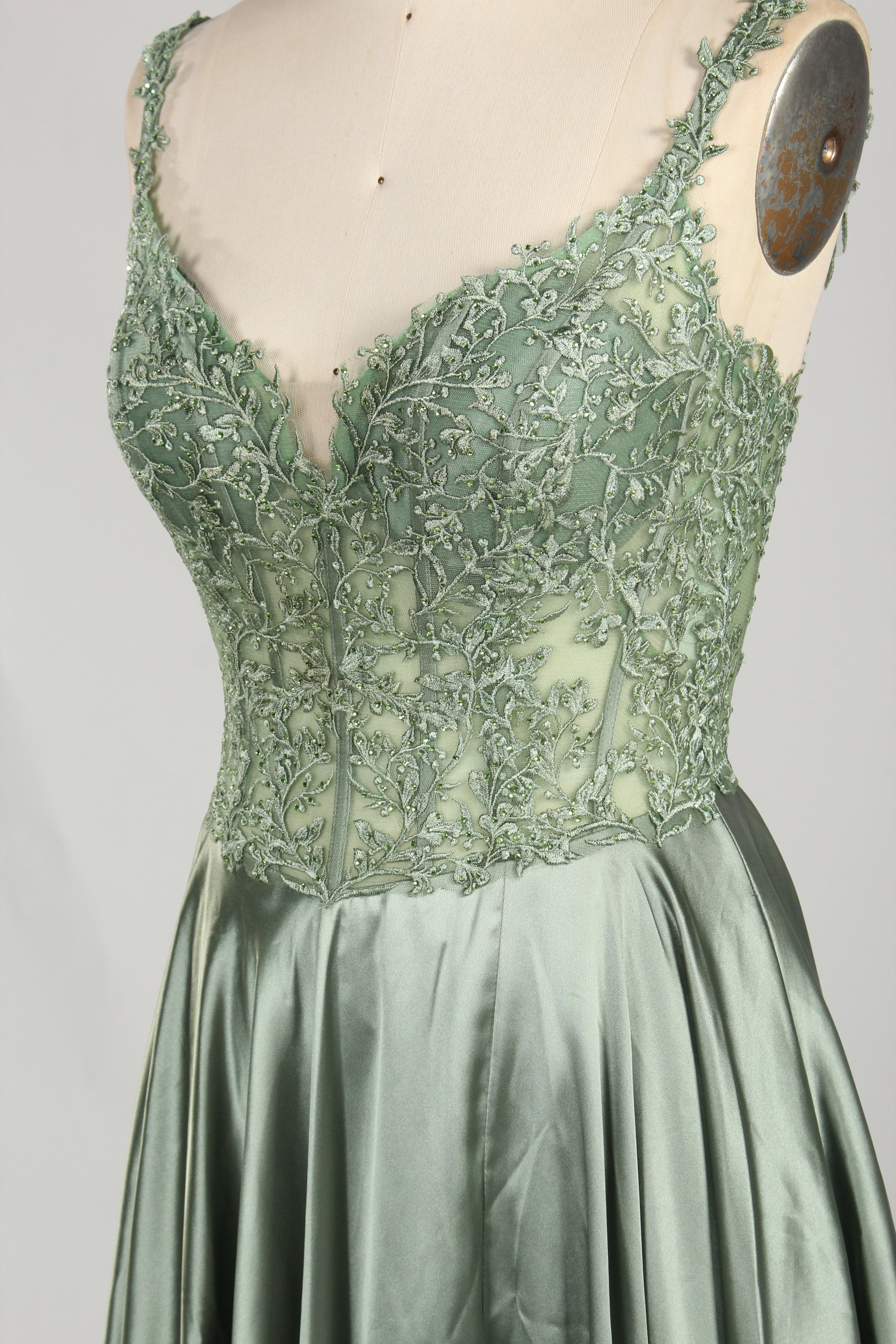 Wholesale Sage Green Lace Prom Dress with Satin Skirt and Slit 32896