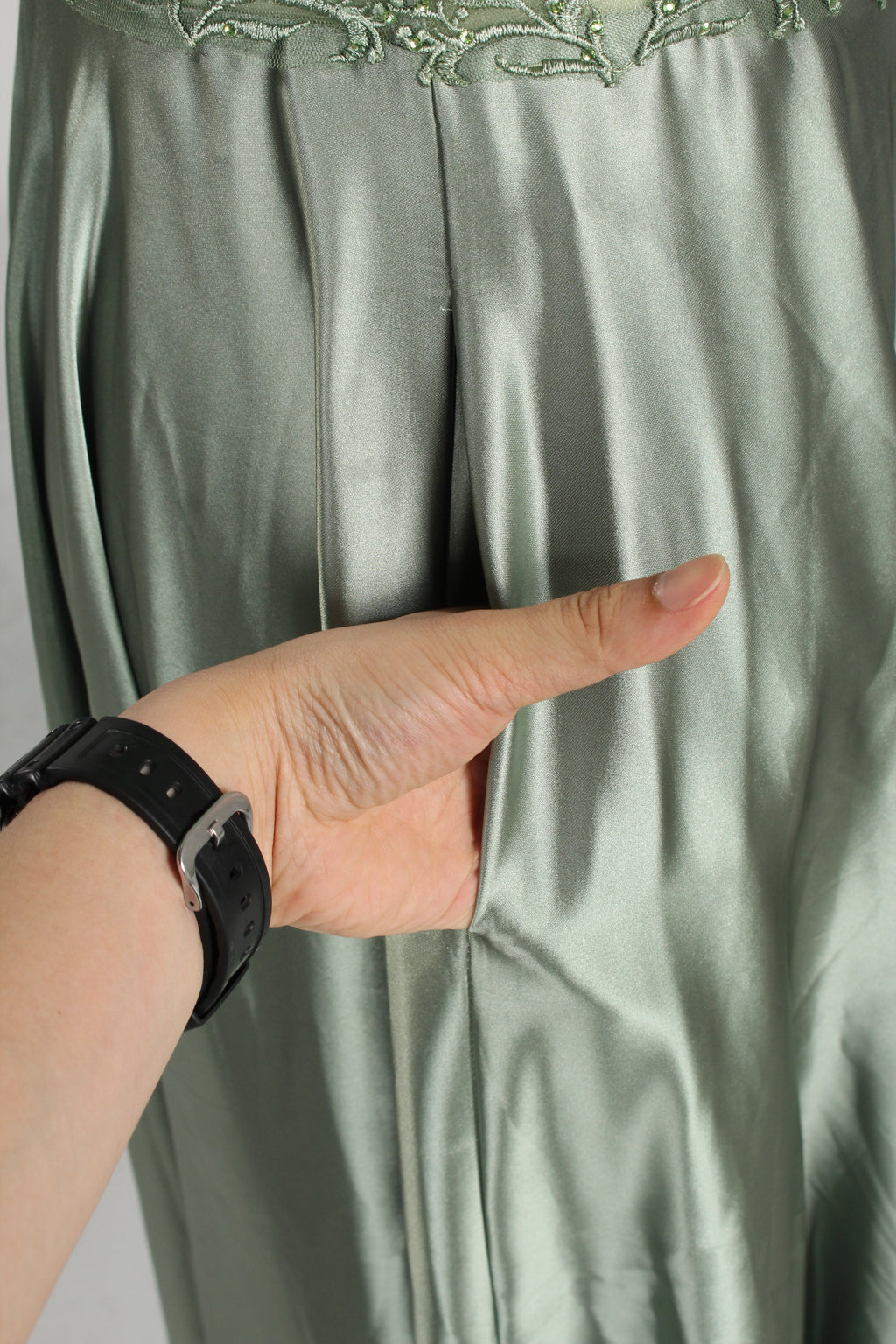 Wholesale Sage Green Lace Prom Dress with Satin Skirt and Slit 32896